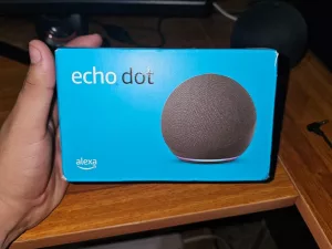 Amazon Echo Dot (5th Gen) in its original packaging, showcasing how it is boxed upon purchase.