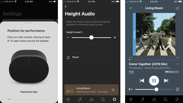 Screenshot of the Sonos App interface on a smartphone, displaying intuitive controls, audio streaming options, and room calibration features.
