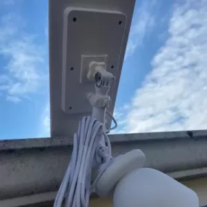 Wasserstein Solar Panel connected to Google Nest Cam, providing continuous solar-powered charging for outdoor security monitoring. Quirks based on Google Nest Cam user reviews​
