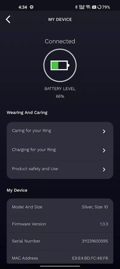 aaboRing Titanium application battery information