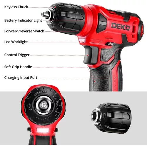 Close-up of DEKOPRO red cordless drill - lightweight and efficient for DIY repairs