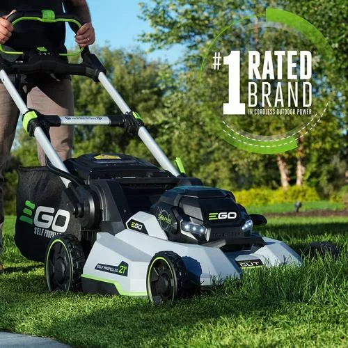 Close-up of the integrated control panel and battery slot on the EGO mower