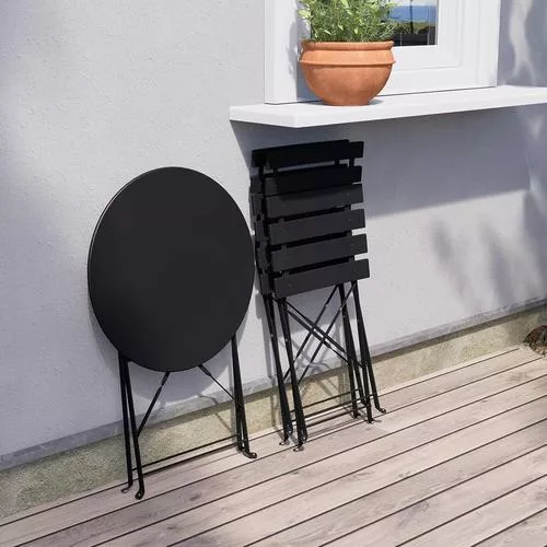 Close-up of the foldable design and robust construction of the Grand Patio Bistro Set outdoor table and chair set