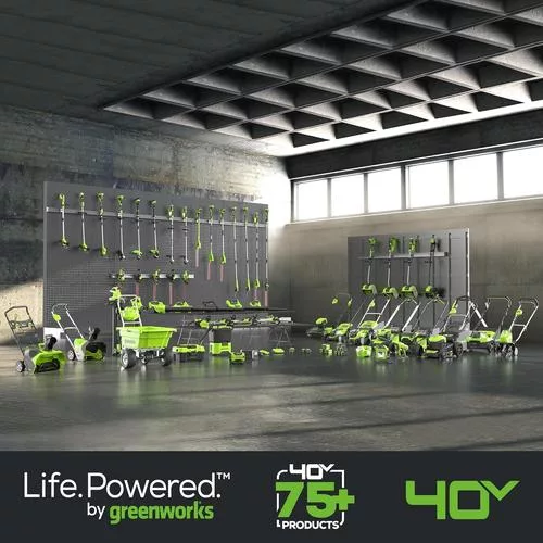 Showcase of the complete product bundle including battery, charger, and grass bag