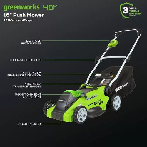 Detailed view of the mower’s specifications and ergonomic handle design