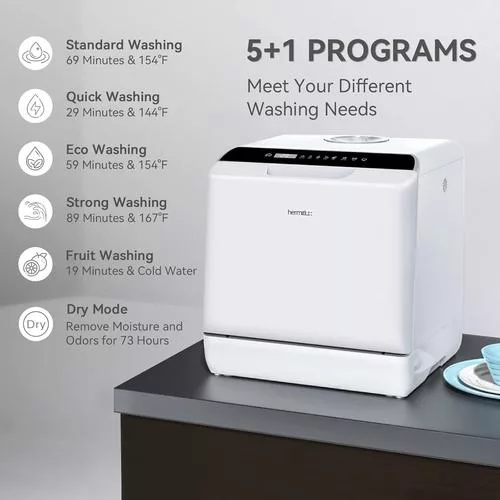 Hermitlux Countertop Dishwasher specifications - compact and efficient design details - Designed to be a portable countertop dishwasher for on the road and small spaces