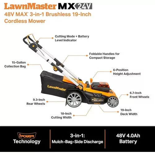 Close-up of the LawnMaster Lawnmower specifications and control panel