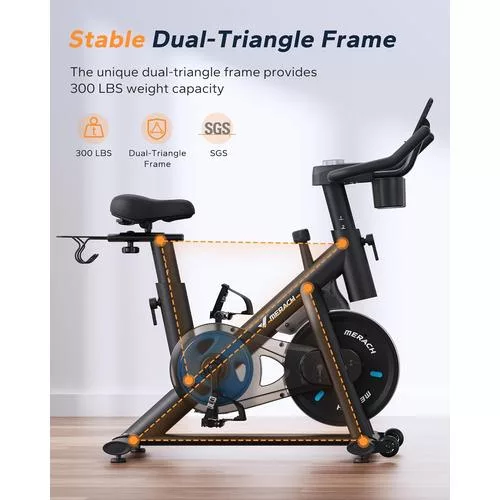 MERACH Bike Frame and Weight Limit - Considered a high quality indoor stationary bike from review lists for a great cardio workout