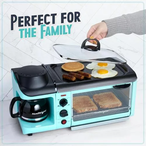 Various functions of the Nostalgia 3-in-1 Breakfast Station including coffee making and grilling on the griddle