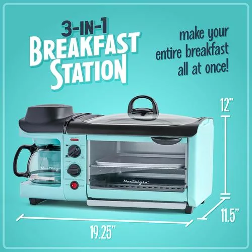 Size comparison of Nostalgia 3-in-1 Breakfast Station showing its compact design for small spaces