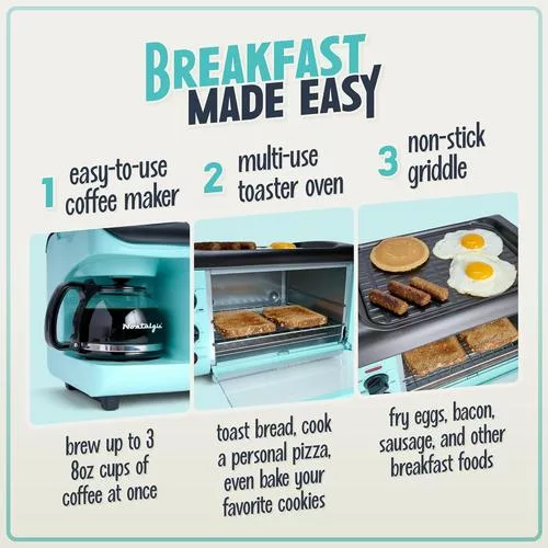 Detailed view of Nostalgia 3-in-1 Breakfast Station highlighting its retro design and multi-function components