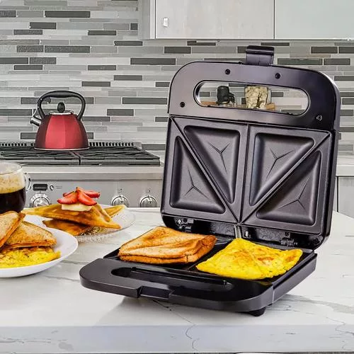 OVENTE Electric Sandwich Maker features a sleek, non-stick design and safety features