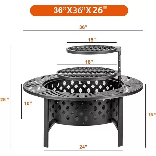 Close-up view highlighting the fire pit specifications