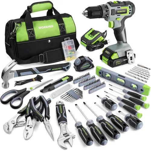 WORKPRO Home Tool Set - durable kit with cordless drill and organized storage for home repairs