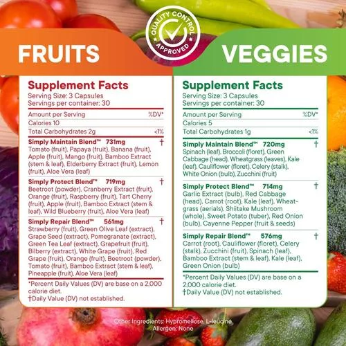 Simply Nature's Pledge ingredients list showing 42 fruits and veggies