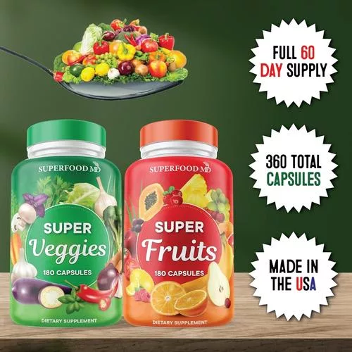 Superfood MD bottle with Made in the USA label - great fruit and veggie supplements